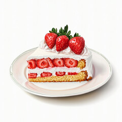 Illustration of a strawberry cake slice with whipped cream on a white plate. 