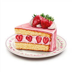 Illustration of a strawberry cake slice with whipped cream on a white plate. 
