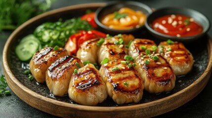 a round wooden basket with dumplings