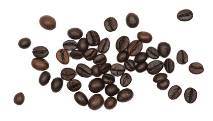 Pile coffee beans isolated on white background, top view	