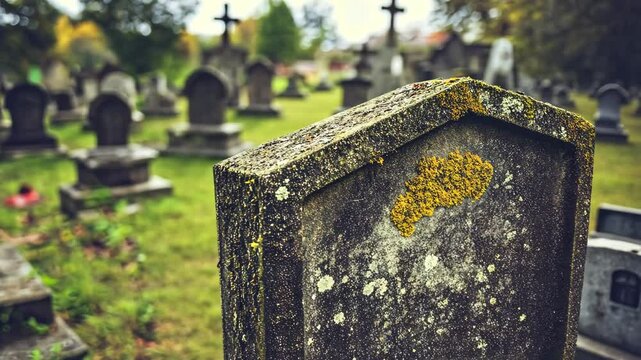 A close-up view of a moss-covered gravestone in a cemetery