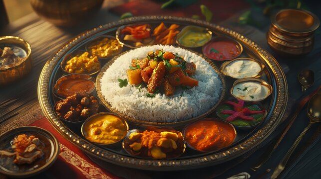 the ultra-realistic, photorealistic Indian thali image you requested, showcasing the vibrant assortment of traditional dishes with fine details