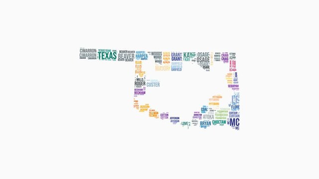 Oklahoma counties word cloud animation. State logo animated video. Oklahoma colored text cloud. Counties typography style motion graphics. Awesome video.