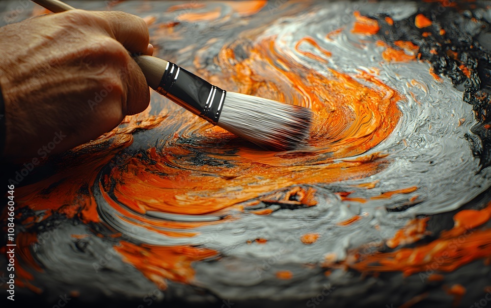 Poster a hand using a brush to create swirling patterns of orange and gray paint on a canvas.