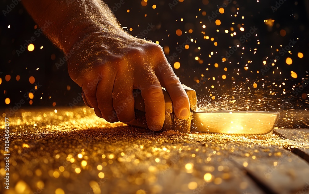 Poster a hand using a tool to create sparks and dust in a workshop setting.
