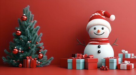 A postcard, invitation or greeting card with Christmas elements, including decorations such as Christmas trees, gift boxes, snowmen, etc.