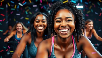 Fototapeta premium Celebrating fitness and friendship at a vibrant indoor cycling class filled with confetti and laughter during a lively evening workout session