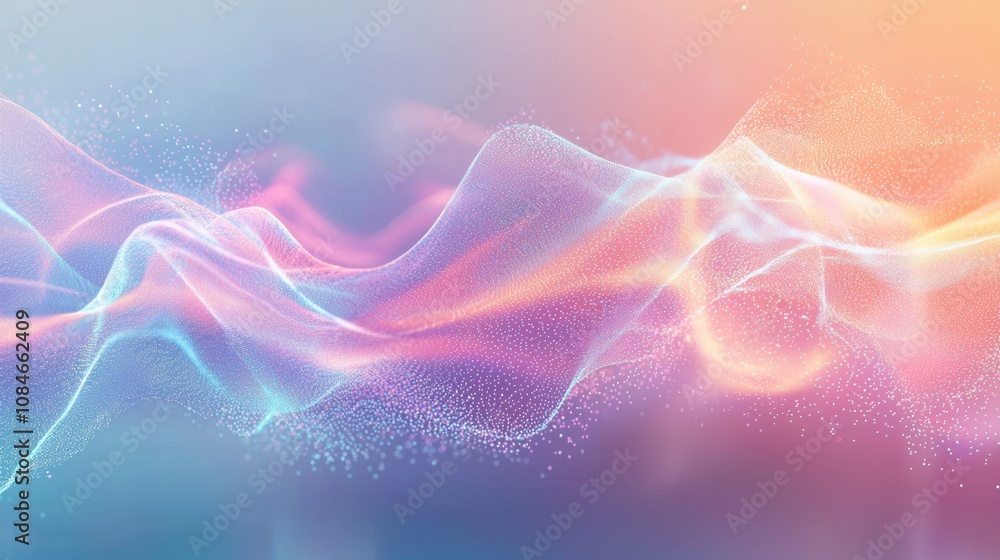 Poster dynamic flow of colorful waves abstract visuals digital art ethereal environment aerial perspective 