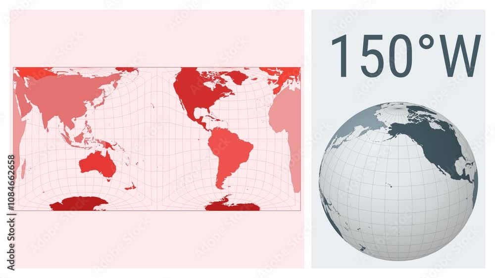 Poster world map animation in gringorten square equal-area projection with colored continents. loopable ani
