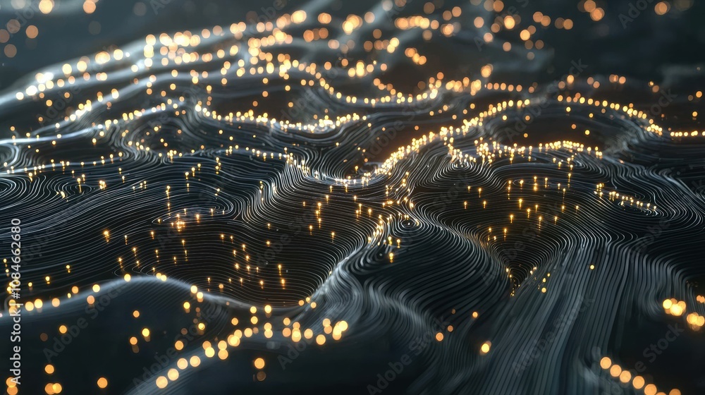 Poster dynamic light patterns digital landscape abstract visualization high-tech environment aerial perspec