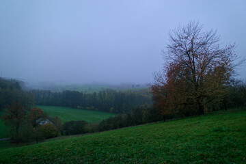 Fog outside the city on a cloudy autumn day in Bavaria.