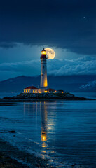 Naklejka premium Old lighthouse. Lighthouse on the seashore at full moon