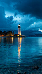 Fototapeta premium Old lighthouse by the sea at night