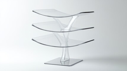 A clear acrylic shelf unit with a unique tree-like design. The unit has three shelves, each with a slight curve and a square base.