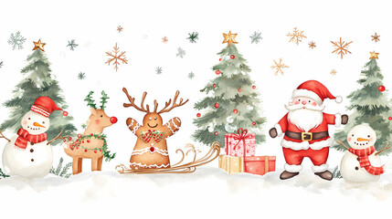 Magical Watercolor Christmas Illustration for Kids with Santa Claus, Reindeer, Sled, Gingerbread, Gifts, and Snowmen
