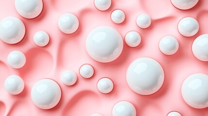 Abstract background with white glossy spheres on a pink textured surface, creating a playful and modern design with a sense of depth and dimension.