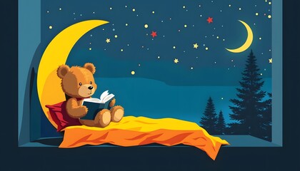Fototapeta premium Teddy Bear Reading Book Night Sky Moon Stars Bedtime Story