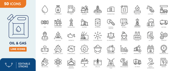 Oil and Gas icon set. Containing fuel, refinery, petroleum, oil well, gas pump, offshore platform, lubricant, oil barrel and more. Outline Icon Collection. Vector illustration. Editable stroke	