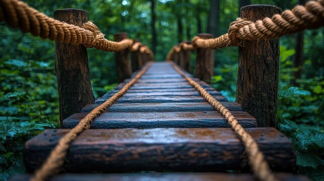 Fototapeta a wooden bridge with ropes