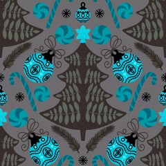 Christmas tree seamless winter toys pattern for wrapping paper and fabric
