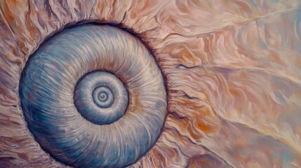 Obraz premium Close-up of a spiral seashell with a textured background in muted pink, brown, and blue tones.