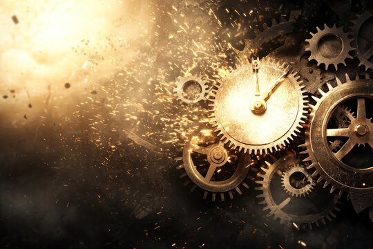 Mechanical clock gears in motion industrial setting digital art dramatic lighting close-up time and precision