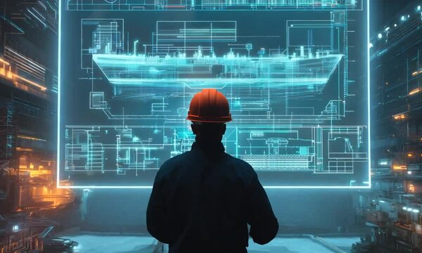 Engineer examining ship blueprint