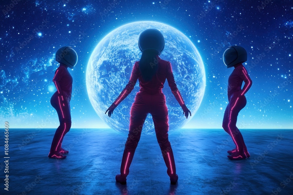 Poster exploring the cosmos futuristic figures outer space digital art surreal environment night view scien
