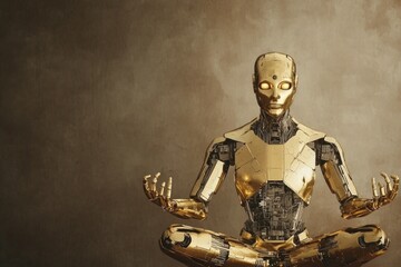 Robot meditation session futuristic studio digital art calm environment close-up view mindfulness concept