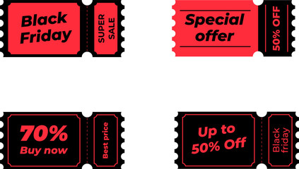Coupon promotion illustration set. Discount coupon, black friday, special offer.