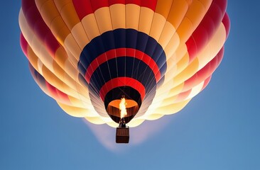 Fototapeta premium One Hot air balloon in the air. Colourful Balloon Festival. Aerial view. Nature Landscape background, blue sky. Travel and tourism business banner.