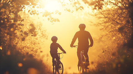 Fototapeta premium Golden Hour Father Son Cycling Sunset Bike Ride Adventure