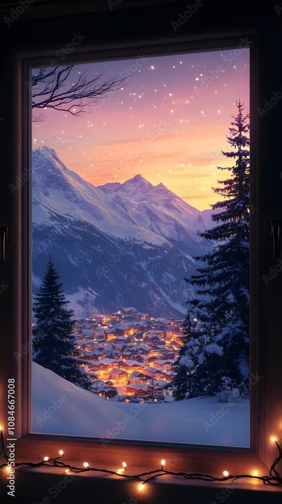 Canvas Prints twilight window view of an illuminated alpine village surrounded by snow-covered mountains and spark