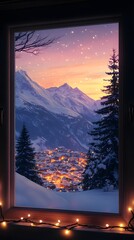 Twilight window view of an illuminated alpine village surrounded by snow-covered mountains and sparkling stars in the sky