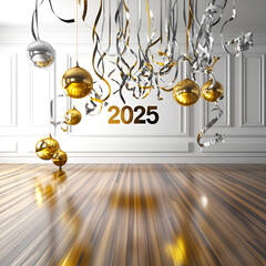 Elegant "2025" banner hanging on a plain wall, silver and gold streamers cascading from the ceiling, classic white background.