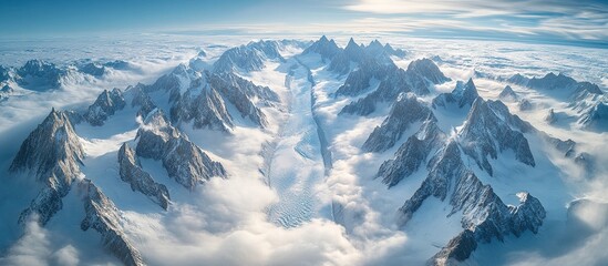 Fototapeta premium A breathtaking aerial view of snow-capped mountains and glaciers amidst clouds.