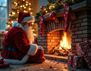 Santa Claus Putting Presents Under Tree in Cozy House