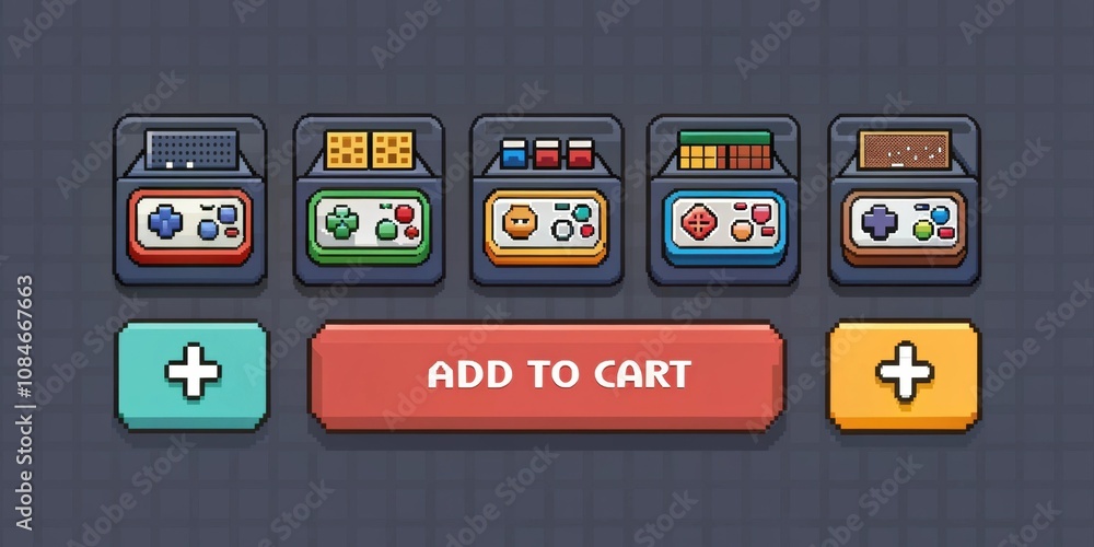 Poster a nostalgic online marketplace with a dark gray background showcasing rows of colorful pixel art as 