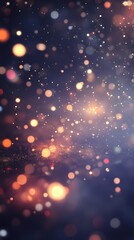 Obraz premium Glittering festive light bokeh with soft orange and white hues against a deep twilight blue background, ideal for celebratory designs