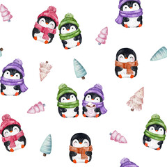 seamless pattern with cute penguins with tree, hot drink