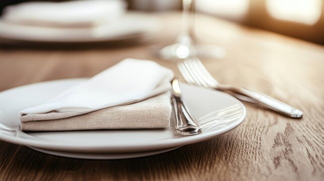 Elegant table setting with white plates, linen napkin, silverware on wooden table.