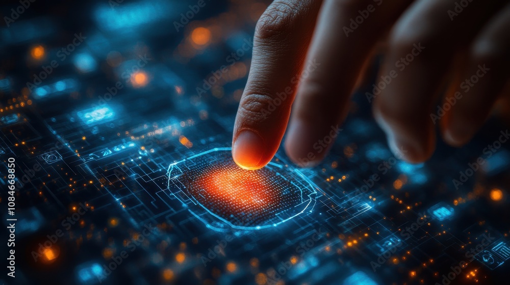 Poster business man fingerprint scanning and biometric authentication cybersecurity and fingerprint passwor