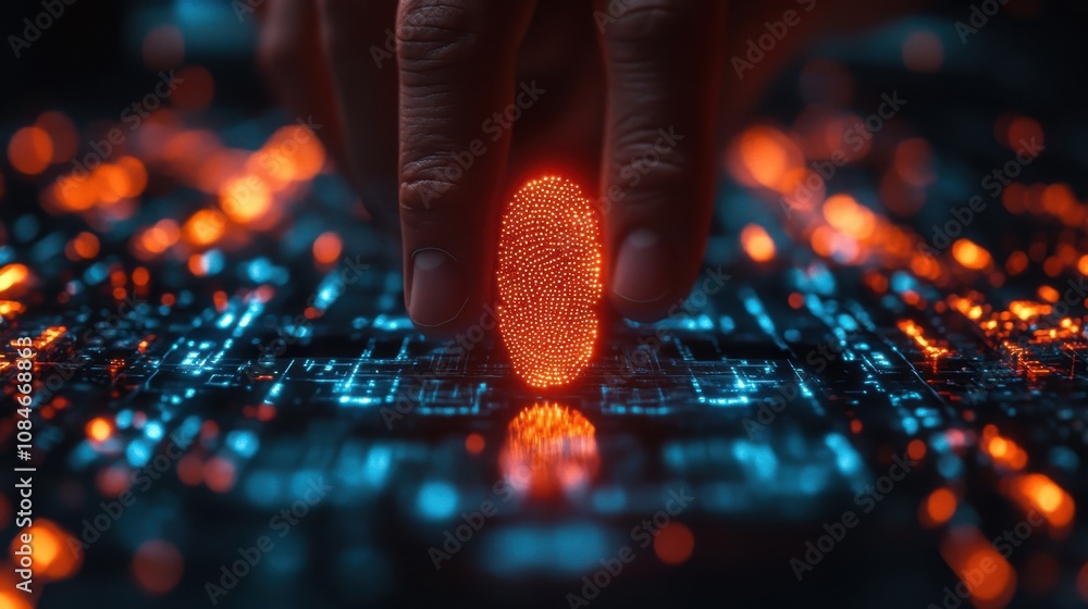 Poster business man fingerprint scanning and biometric authentication cybersecurity and fingerprint passwor
