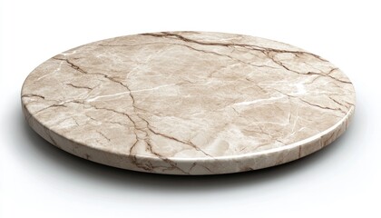 Round beige marble tabletop isolated on white background.