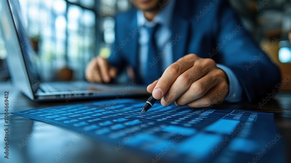 Poster business performance monitoring concept businessman using computer laptop online survey filling out 