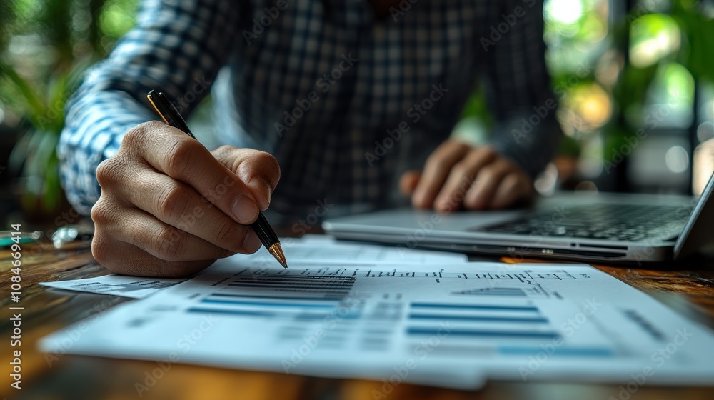 Poster business performance monitoring concept businessman using computer laptop online survey filling out 