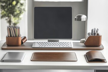 Fototapeta premium A modern home office with sleek blue walls, built-in shelves with books and plants, a minimal desk setup with a computer, a comfortable chair, soft lighting, and a potted plant near a large glass wind