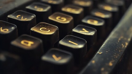 Close-up of vintage typewriter keys with worn black and yellow plastic.