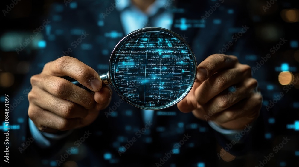 Poster businessman holding a magnifying glass with icons steps review concept go through documents with che