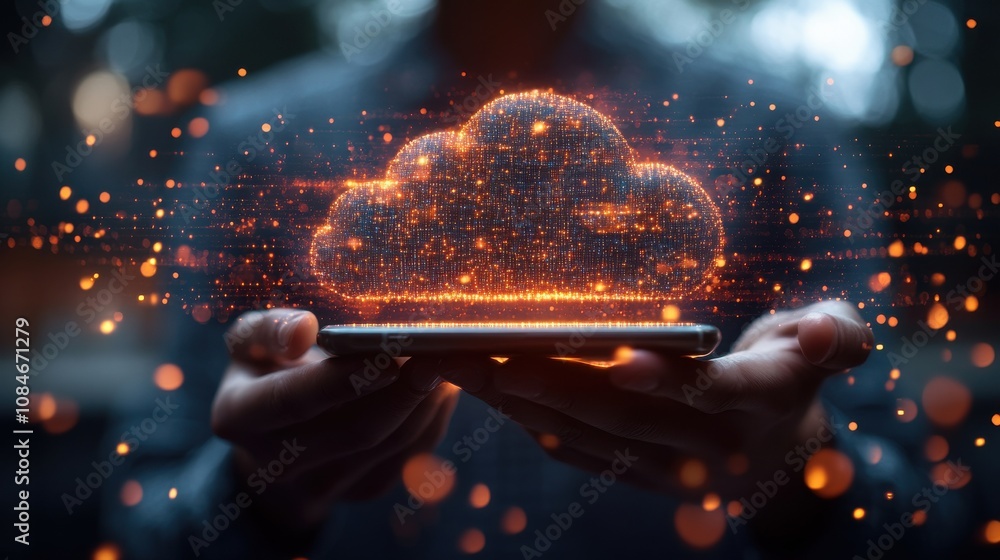 Aufkleber businessman holding mobile phone which on the top of phone has upload and download cloud space compu